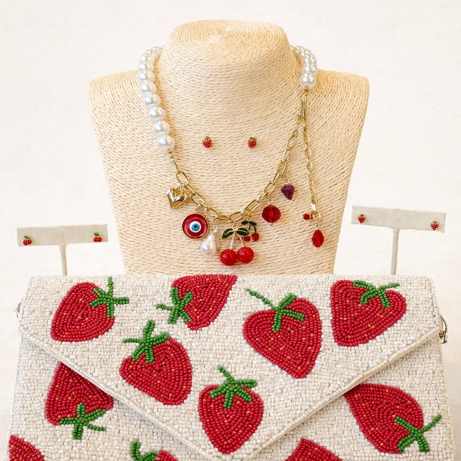 Beaded Strawberry Clutch Handbag