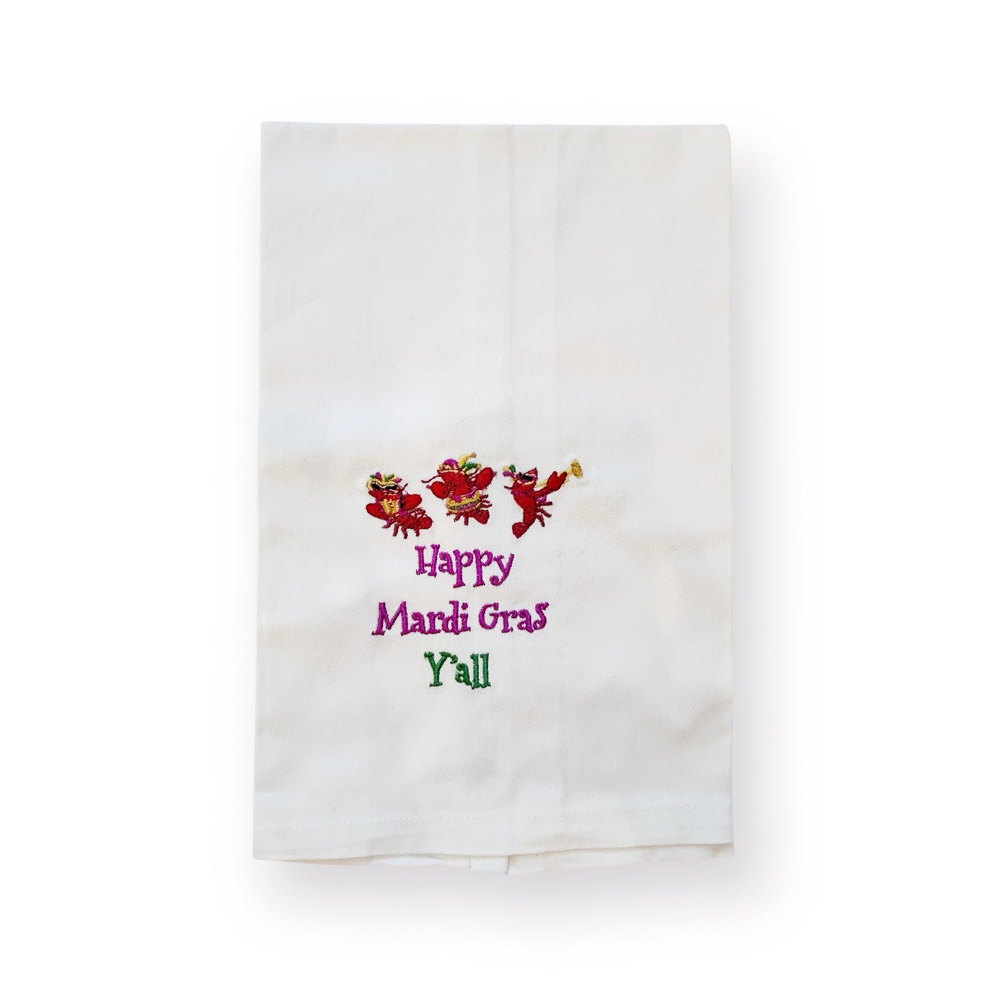 Happy Mardi Gras Crawfish Embroidered Tea Towel