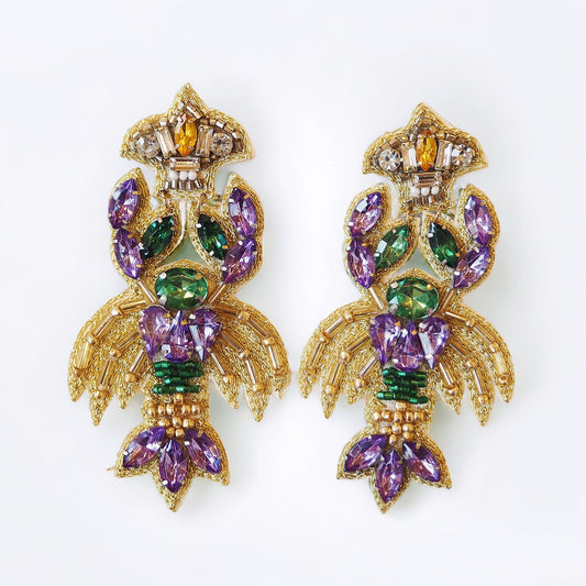 Beaded Mardi Gras Lux Edition Crawfish Earrings~SALE