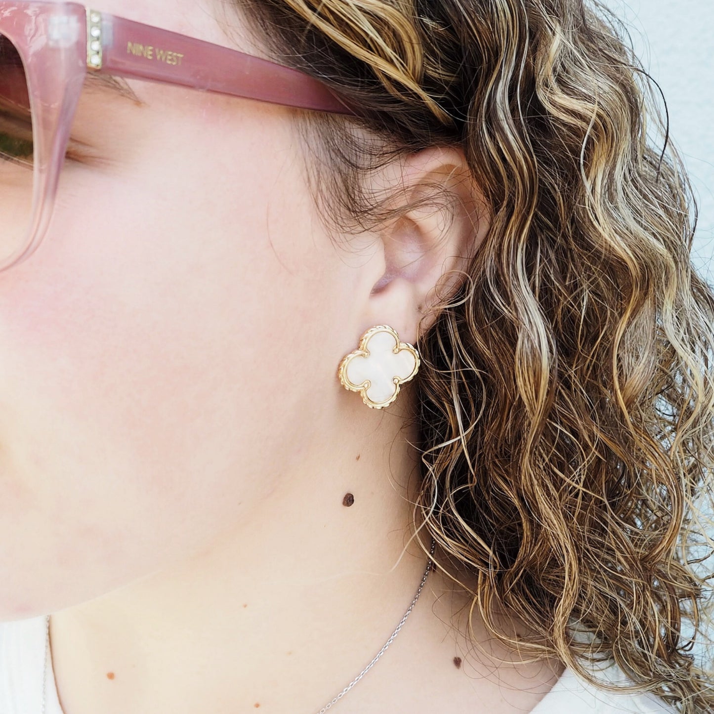Pearly White and Gold Clover Studs
