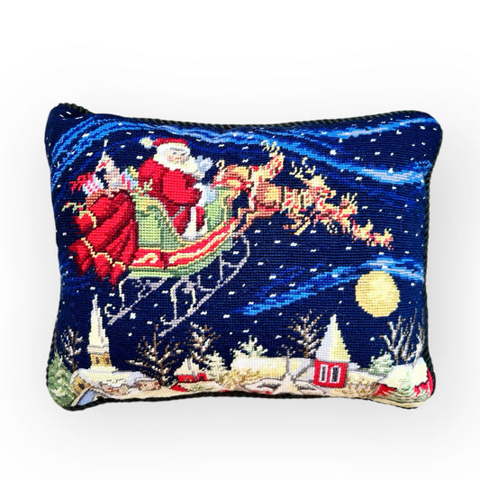 Sleigh Ride Santa Needlepoint Pillow