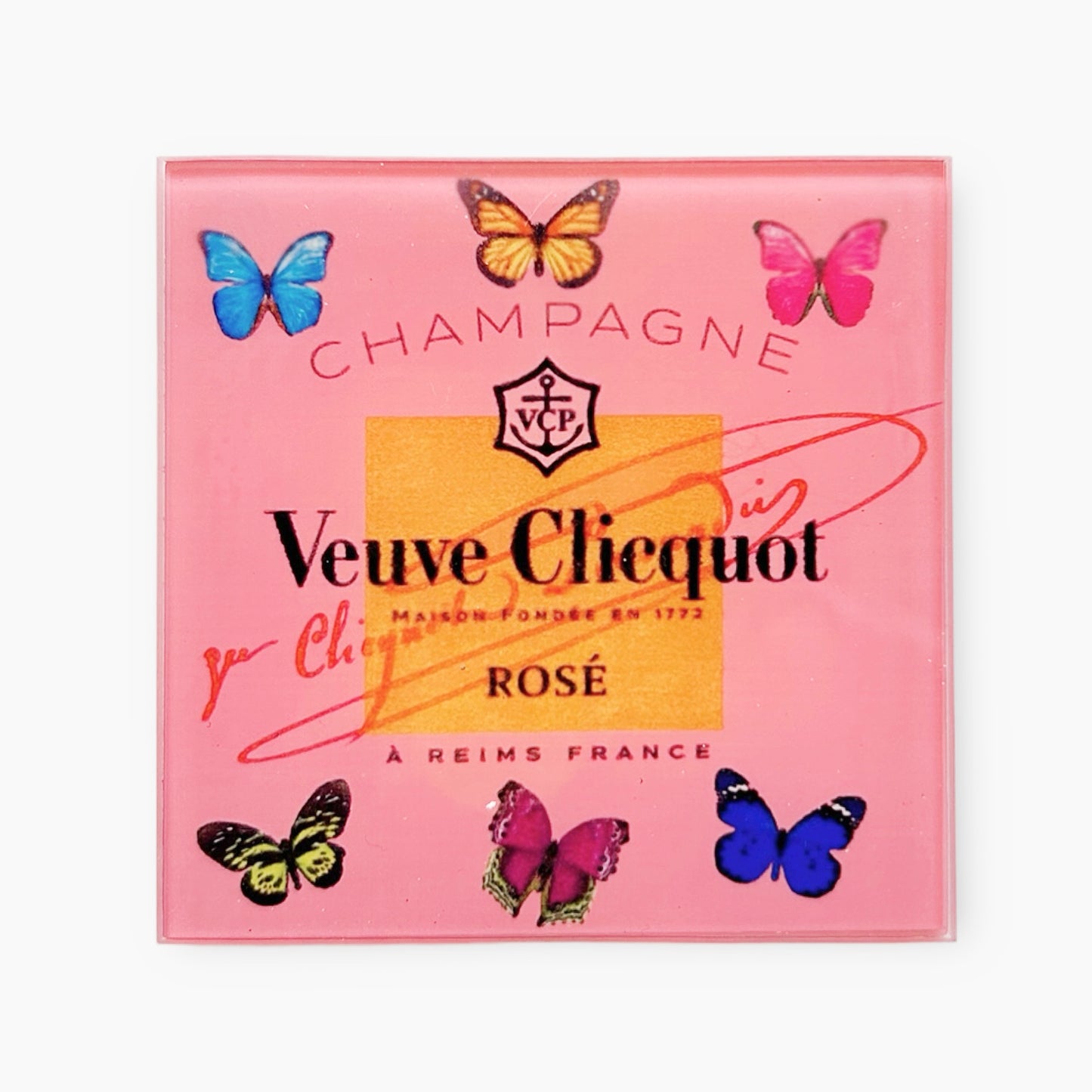 Pink Glass Butterfly Champagne Coaster Set