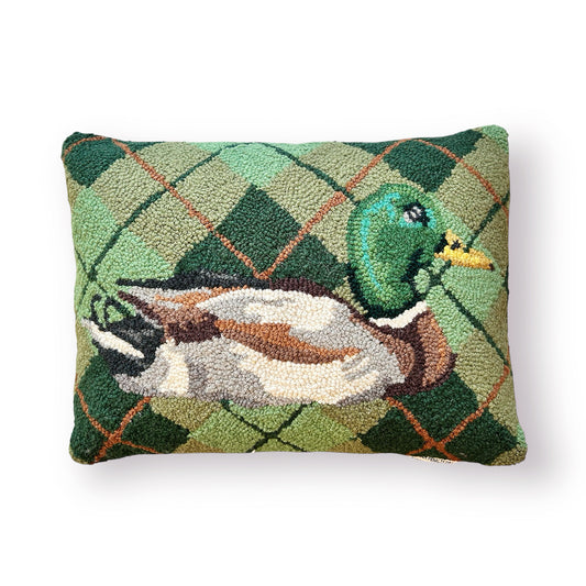 Plaid Mallard Hooked Pillow