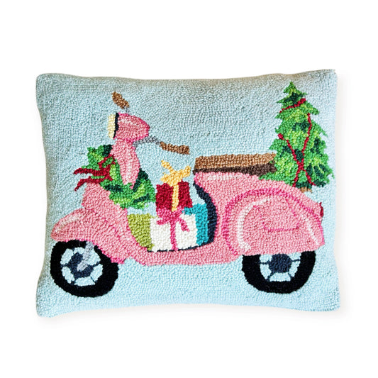 Christmas Joyride Moped Hooked Pillow