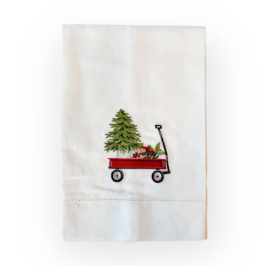 Red Wagon Christmas Tree Embroidered Tea Towel