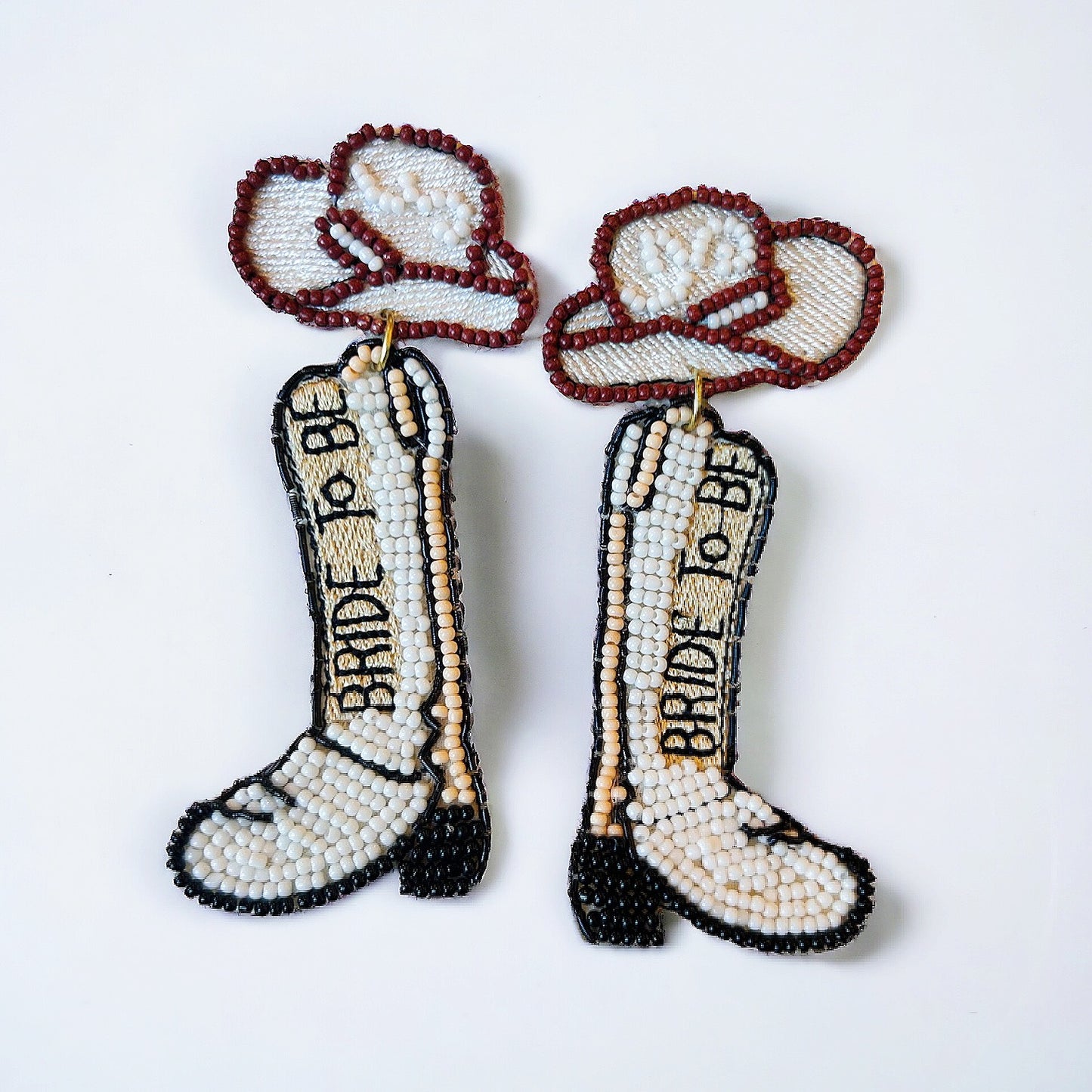 White Beaded "Bride to Be" Cowgirl Hat & Boots Earrings