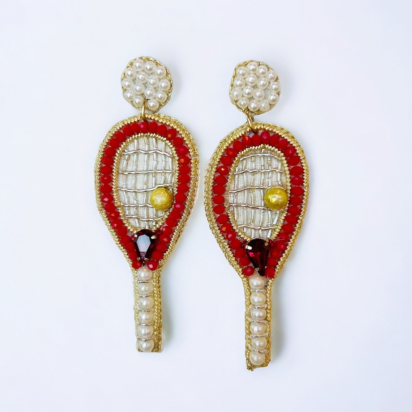 Ruby Tennis Racket Beaded Earrings