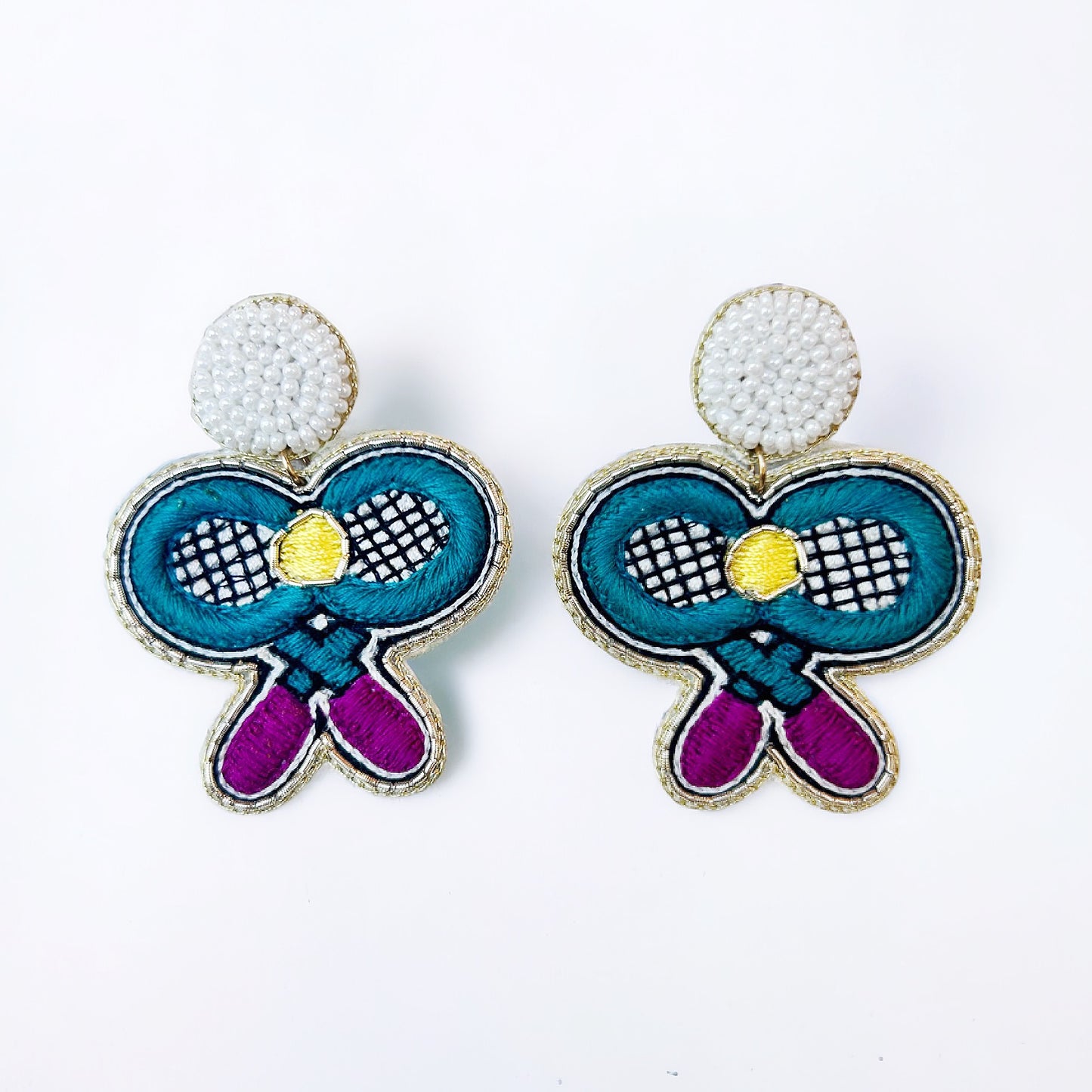 Beaded and Embroidered Tennis Rackets Earrings