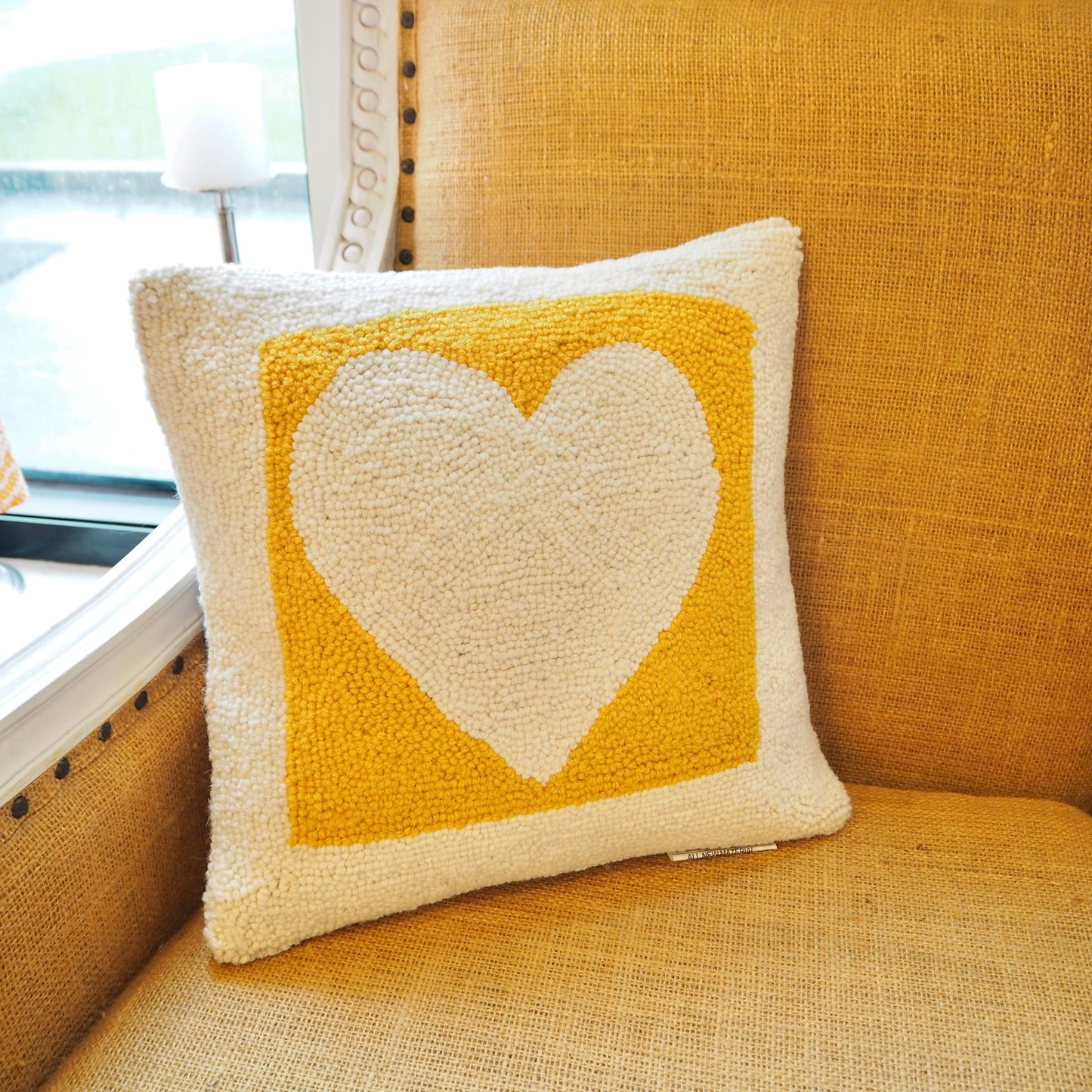 Hooked Yellow Heart Pillow