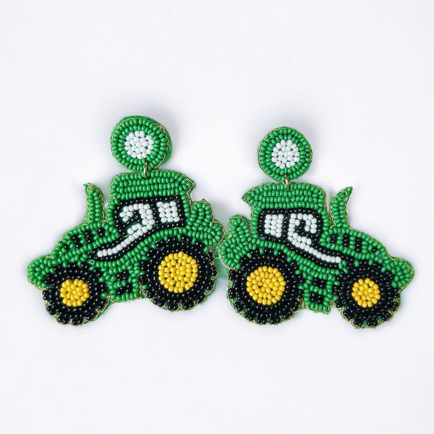 Beaded Big Green Tractor Earrings~SALE