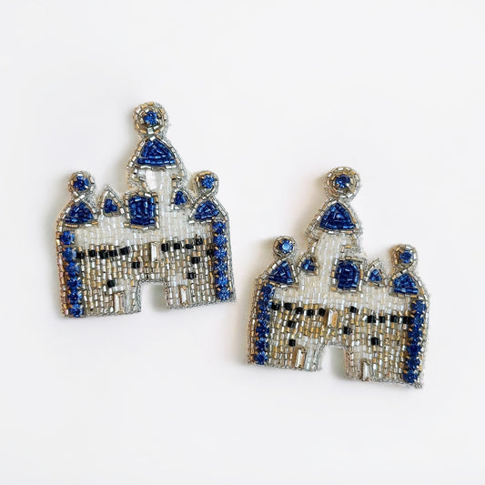 White & Blue Beaded Castle Earrings~Clearance