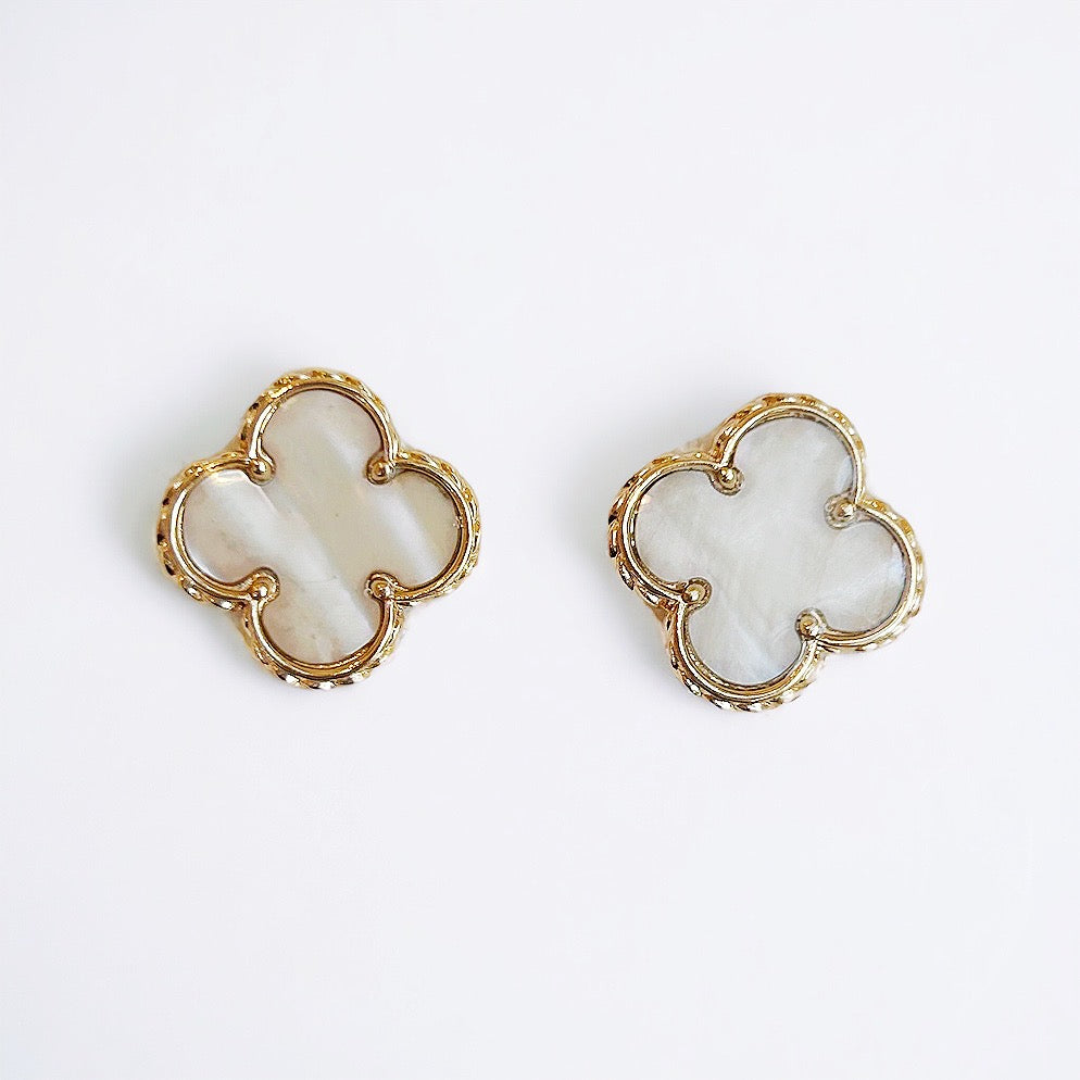 Pearly White and Gold Clover Studs