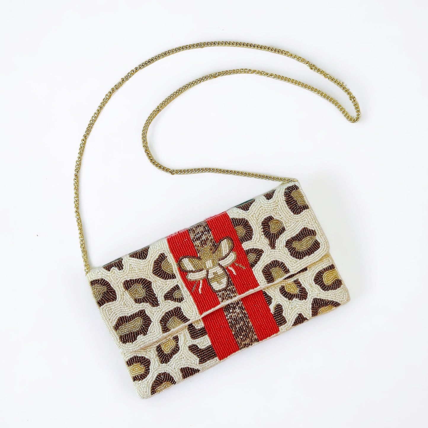 Beaded Brown & Red Leopard Handbag