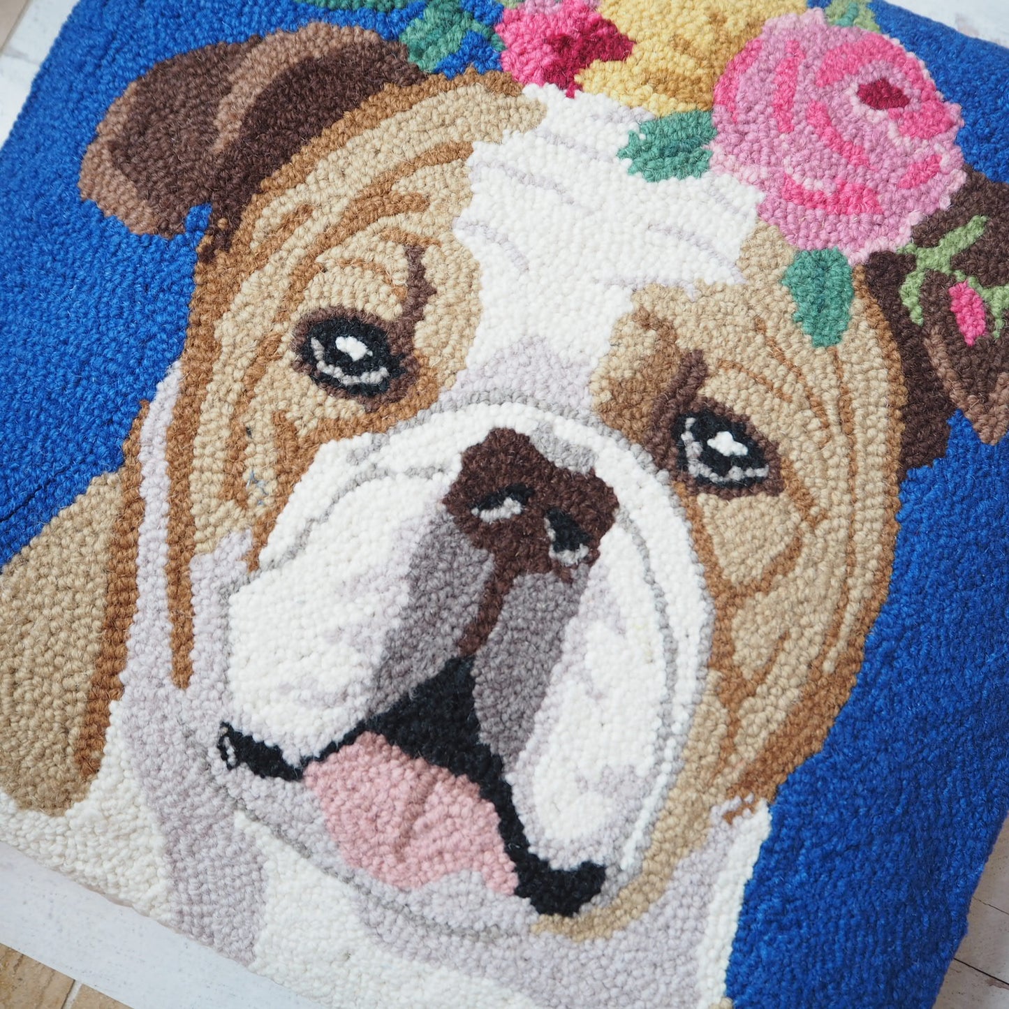 Floral Bulldog Hooked Throw Pillow