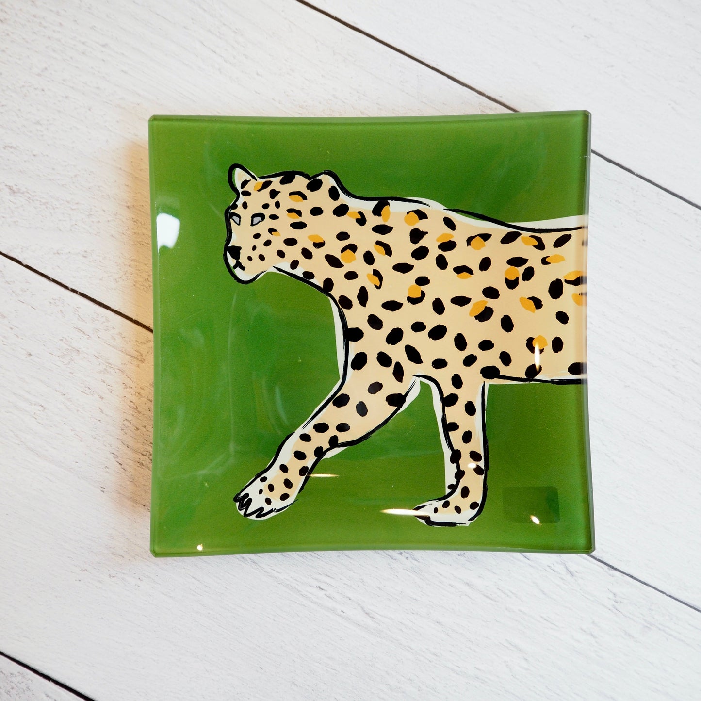 Green Square Cheetah Glass Tray