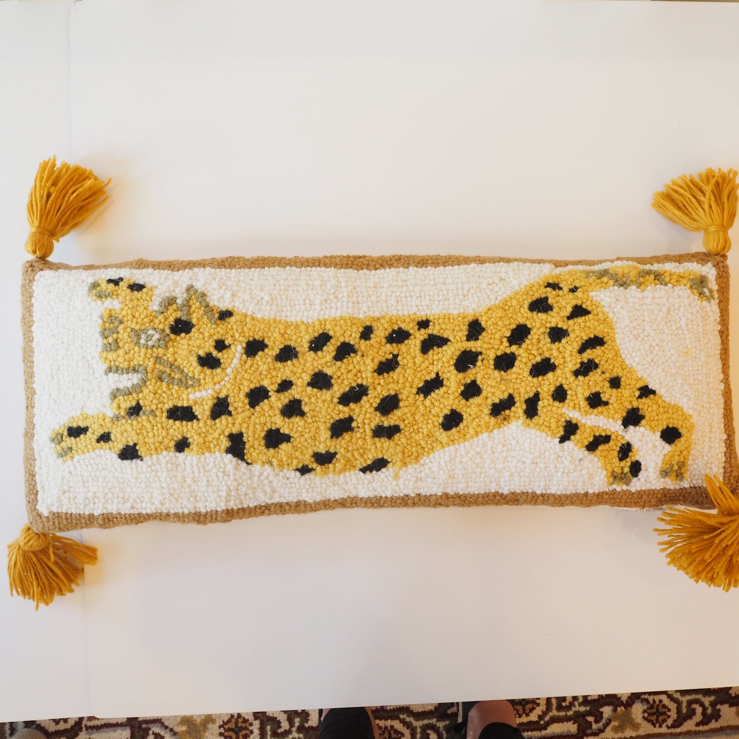 Cheetah Hooked Pillow with Orange Tassels