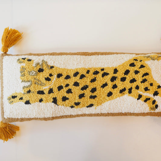 Cheetah Hooked Pillow with Orange Tassels