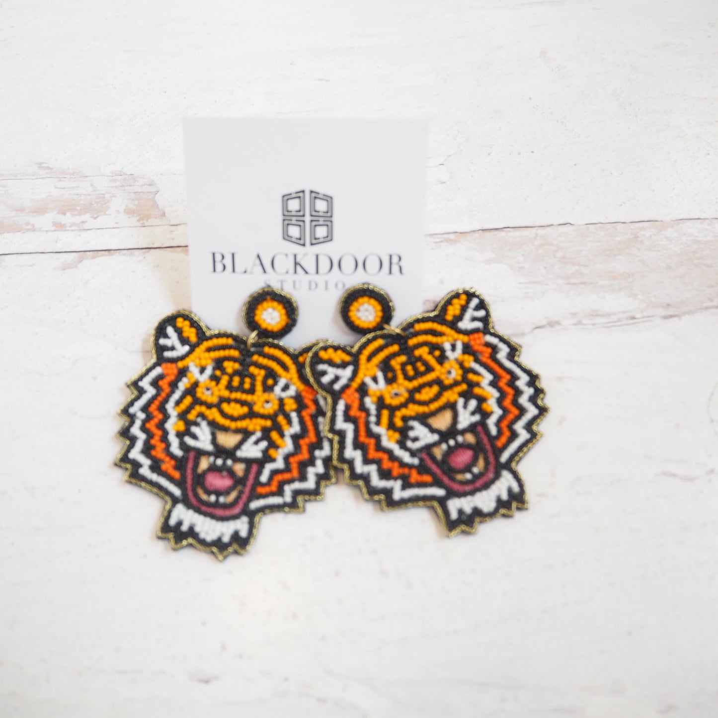 Beaded Neon Orange & Black Tiger Earrings