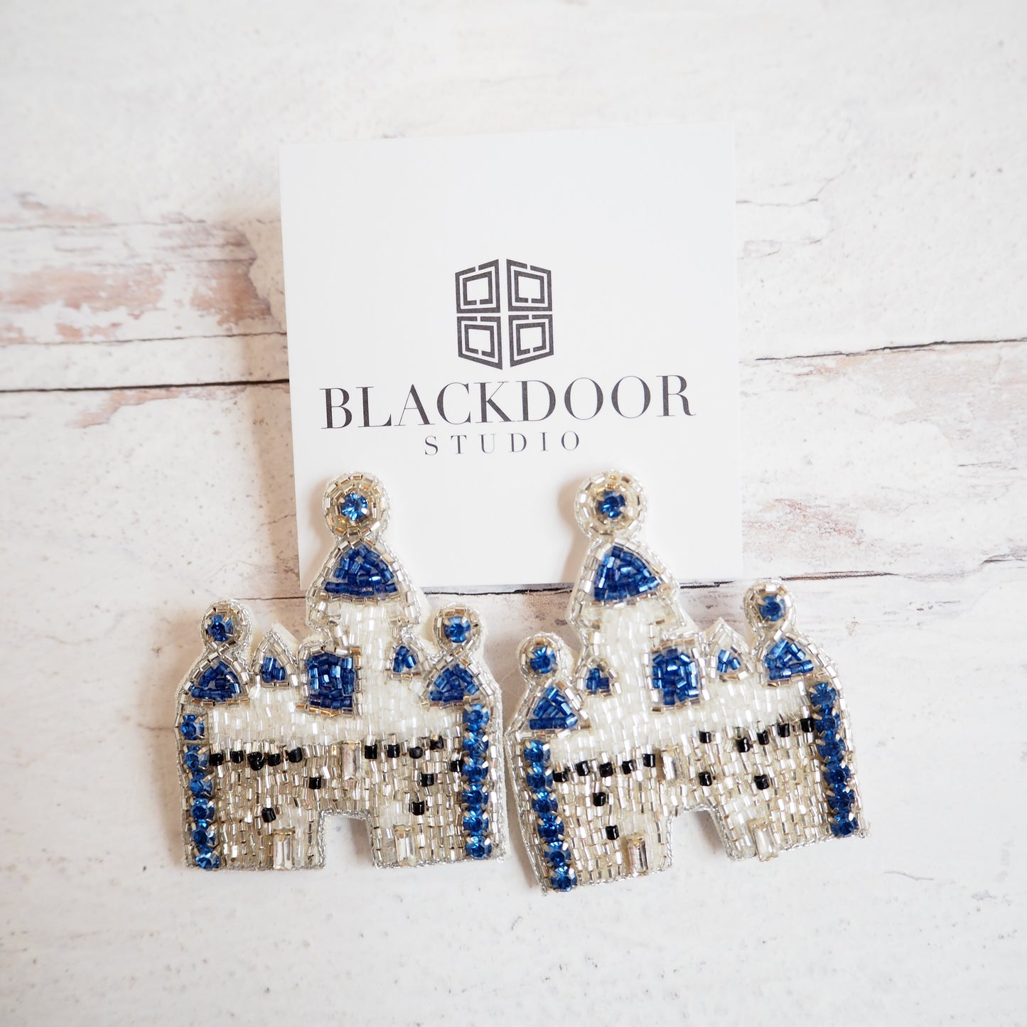 White & Blue Beaded Castle Earrings~Clearance