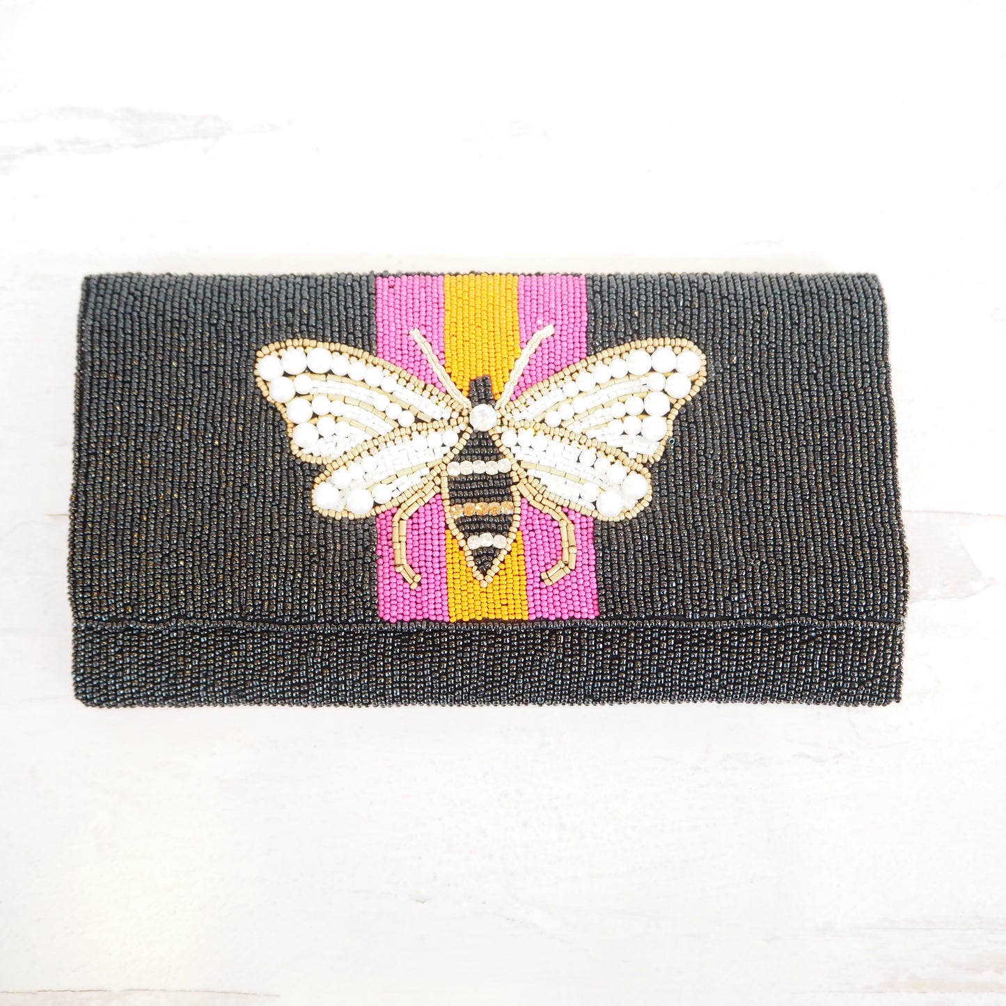Beaded Black, Pink & Orange Bee Handbag
